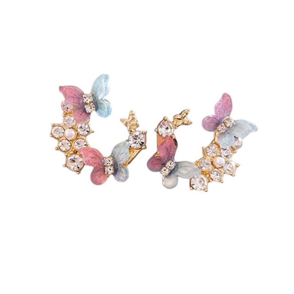 Gold Butterfly & Flower Earrings With Pearl & Rhinestone Accents